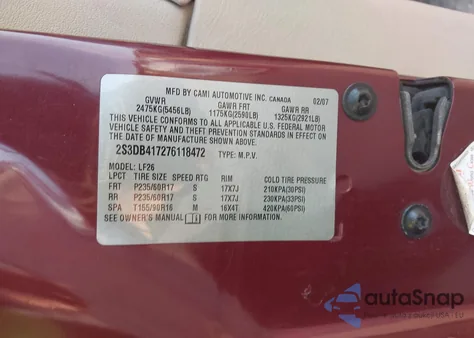 2007 Suzuki Xl7 Luxury z USA, uszkodzony, nr VIN 2S3DB417276118472